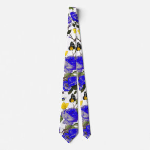BLUE ROSES AND YELLOW BUTTERFLIES White Floral Neck Tie