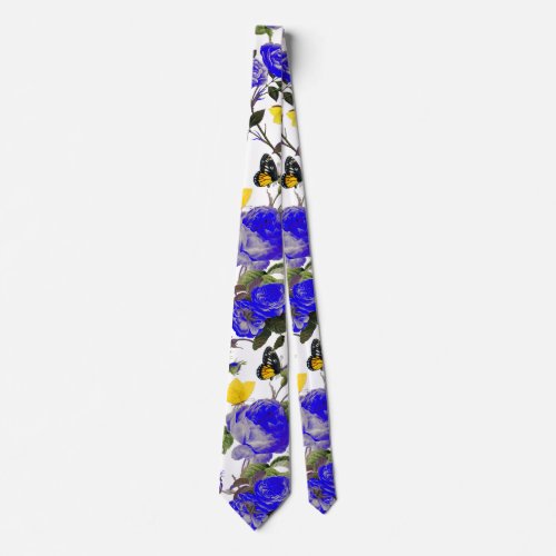 BLUE ROSES AND YELLOW BUTTERFLIES White Floral Neck Tie