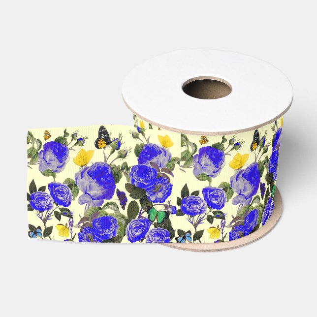 BLUE ROSES AND YELLOW BUTTERFLIES White Grosgrain Ribbon (Spool)