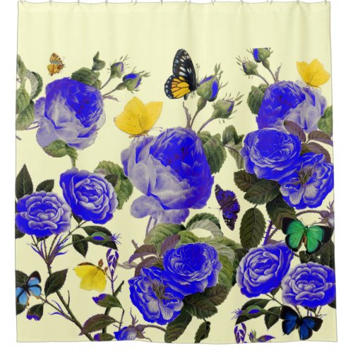 BLUE ROSES AND YELLOW BUTTERFLIES White Shower Curtain
