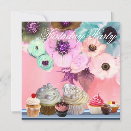 BLUE ROSES ANEMONE FLOWERS AND CUPCAKES Birthday Invitation