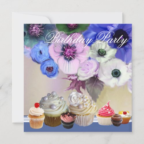 BLUE ROSES ANEMONE FLOWERS AND CUPCAKES Birthday Invitation