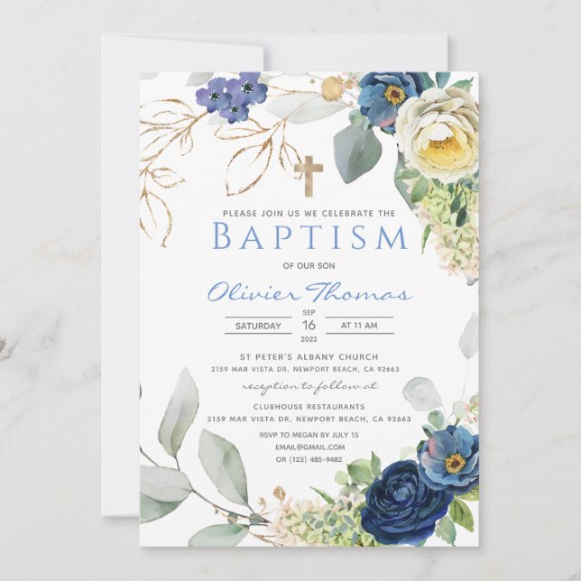 Blue Roses Baptism Boy Invitation (Front)