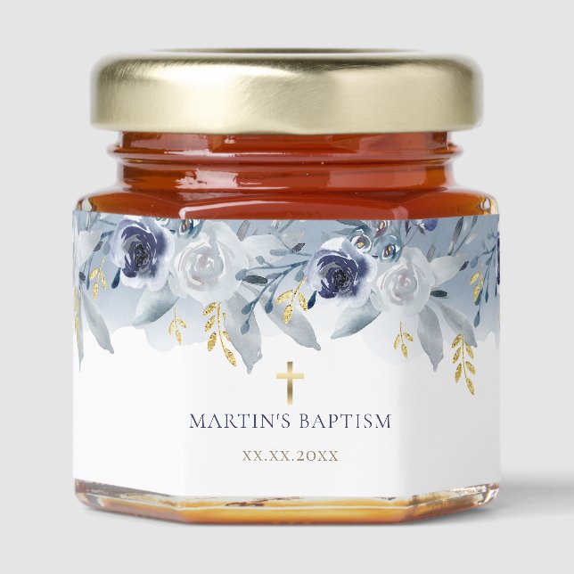blue roses Baptism Honey Jar Favors (Front)