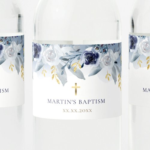 blue roses Baptism Water Bottle Label