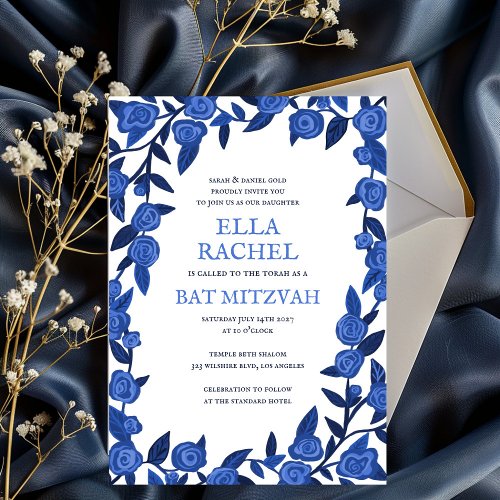 Blue Roses Bat Bar Mitzvah Modern Girl Custom  Invitation