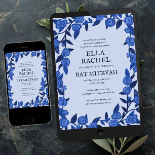 Blue Roses Bat Bar Mitzvah Modern Girl Custom  Invitation