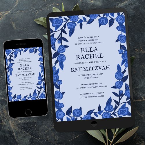 Blue Roses Bat Bar Mitzvah Modern Girl Custom  Invitation