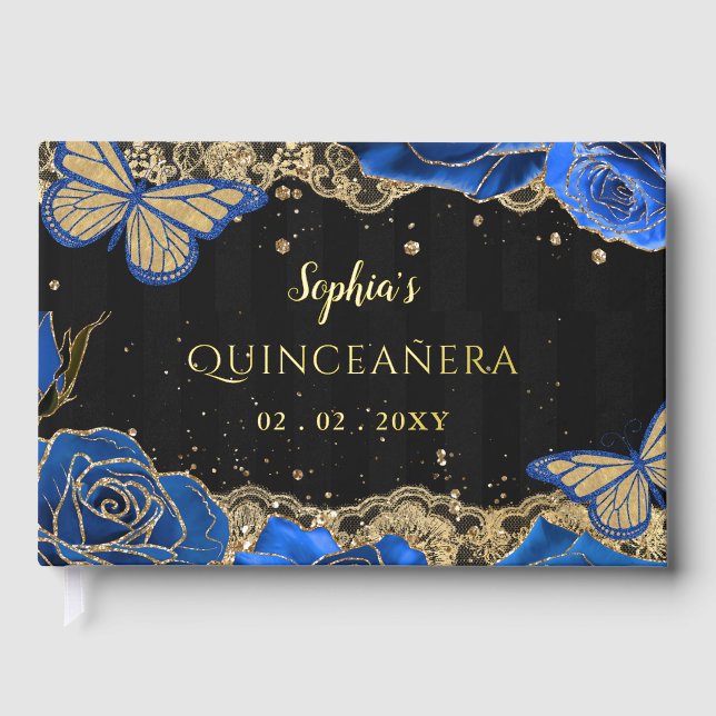 Blue Roses Black Gold Lace Butterfly Quinceañera Foil Guest Book (Front)