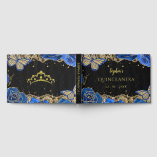 Blue Roses Black Gold Lace Butterfly Quinceañera Foil Guest Book
