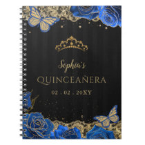 Blue Roses Black Gold Lace Quinceañera Guestbook Notebook