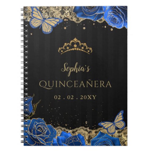 Blue Roses Black Gold Lace Quinceaera Guestbook Notebook