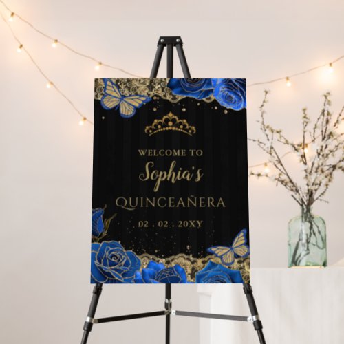 Blue Roses Black Gold Quinceaera Welcome Sign