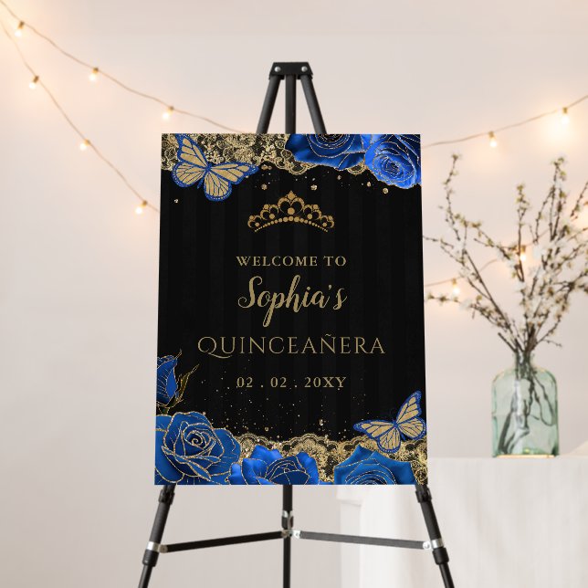 Blue Roses Black Gold Quinceañera Welcome Sign (In Situ (Stand))