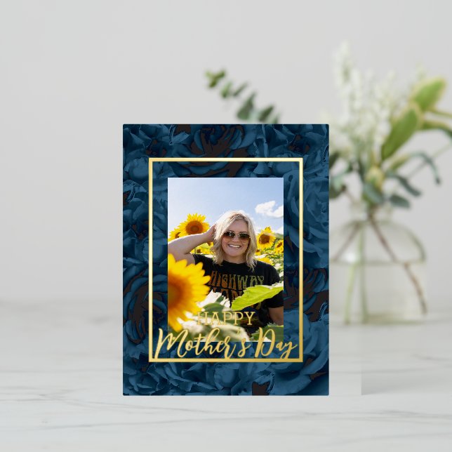 Blue Roses Bouquets Happy Mother’s Day Photo   Foil Holiday Postcard (Standing Front)