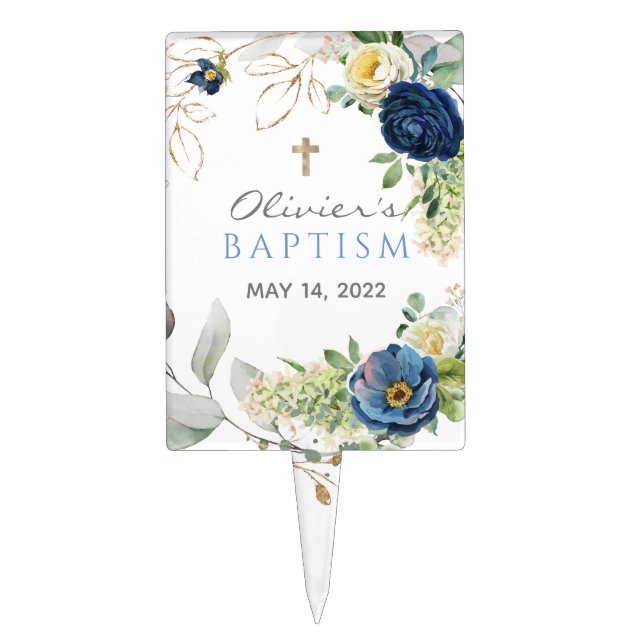 Blue Roses Boy Baptism Cake Picks (Front)