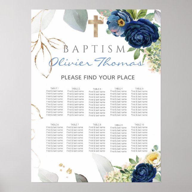 Blue Roses Boy Baptism Seating Chart (Front)
