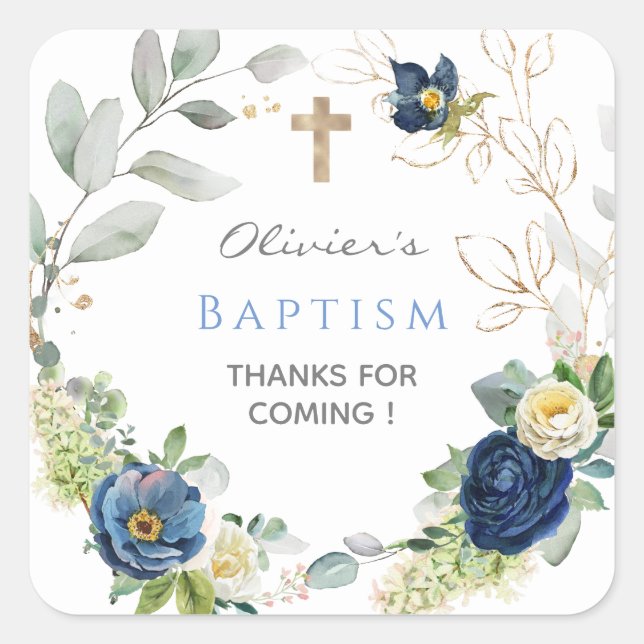 blue Roses Boy Baptism Stickers & Labels (Front)