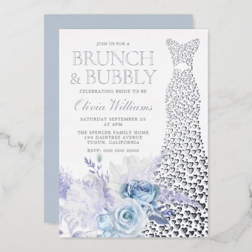 Blue Roses Bridal Shower Brunch  Bubbly Silver Foil Invitation