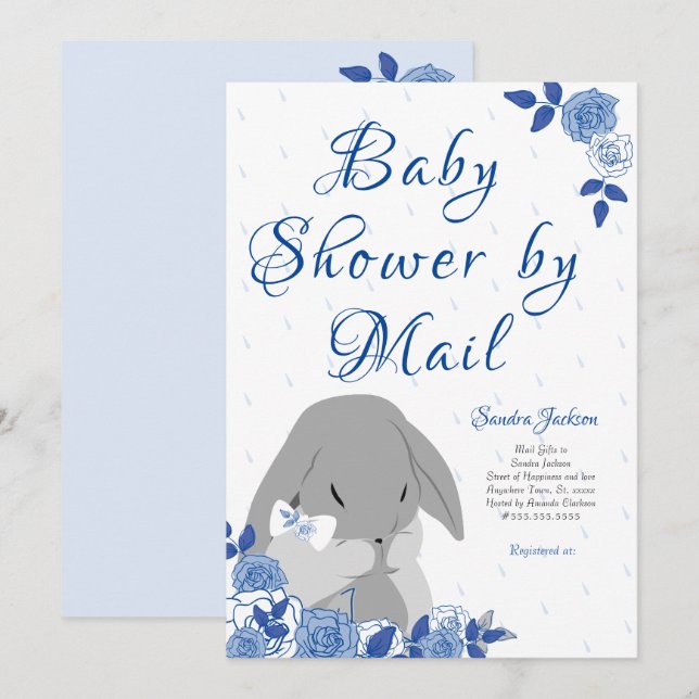 Blue Roses Bunny Rabbit Boy Baby Shower Invitation (Front/Back)