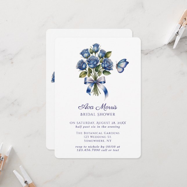 Blue Roses Butterfly Silver Bridal Shower Invitation (Front/Back In Situ)