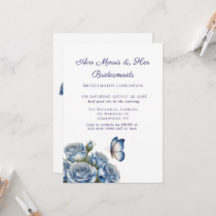Blue Roses Butterfly Silver Bridesmaids Luncheon Invitation