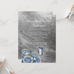 Blue Roses Butterfly Silver Bridesmaids Luncheon Invitation
