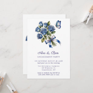 Blue Roses Butterfly Silver Engagement Party Invitation