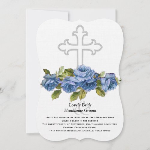 Blue Roses Christian Cross Wedding Invitation