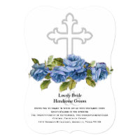 Blue Roses Christian Cross Wedding Invitation