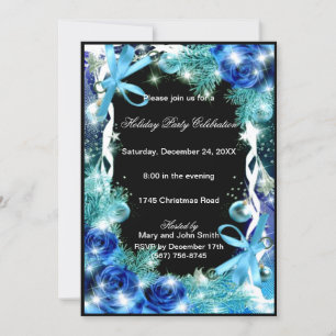Blue Roses Christmas Party Invitation