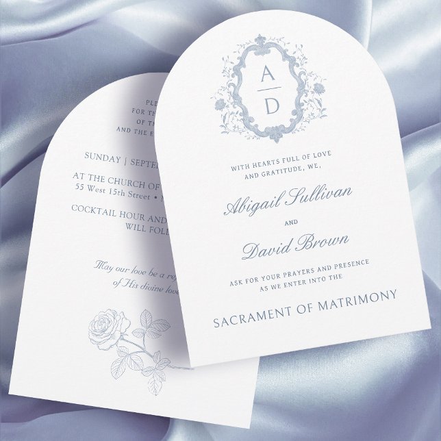 Blue Roses Crest Monograms Catholic Wedding Invitation (Creator Uploaded)