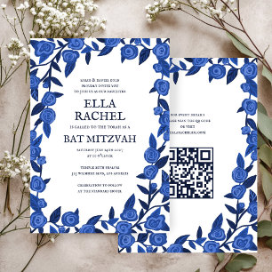 Blue Roses Custom Bat Bar Mitzvah QR Code Girl Invitation