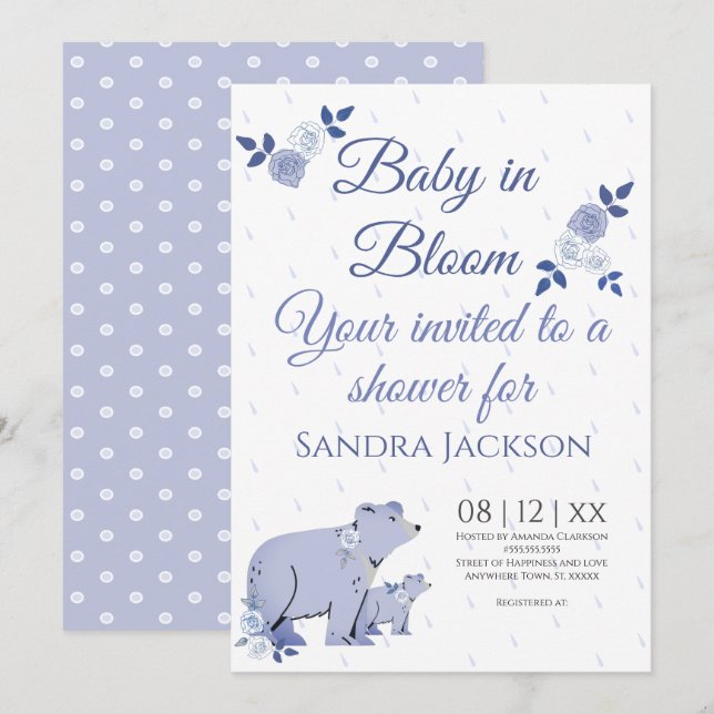 Blue Roses Cute Momma Bear Boy Baby Shower Invitat Invitation (Front/Back)