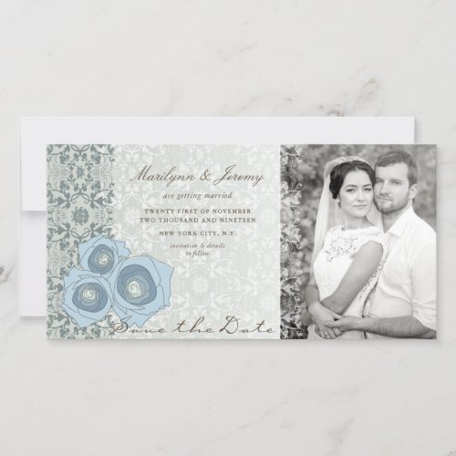 Blue Roses Damask Lace Elegant Chic Wedding Photo Save The Date