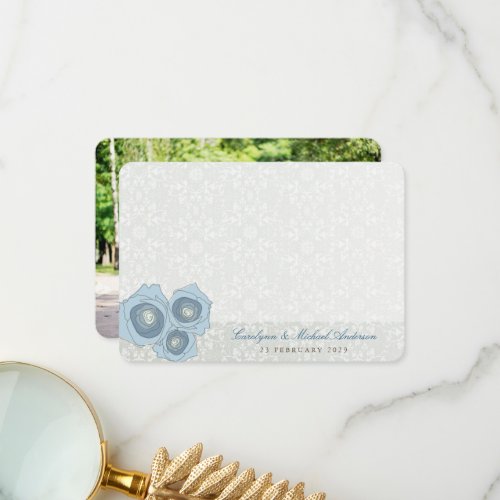 Blue Roses Damask Lace Elegant Chic Wedding Photo Thank You Card