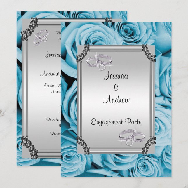 Blue Roses & Diamond Wedding Rings Engagement Invitation (Front/Back)