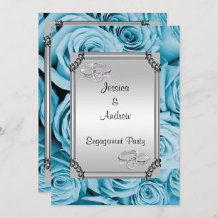 Blue Roses & Diamond Wedding Rings Engagement Invitation