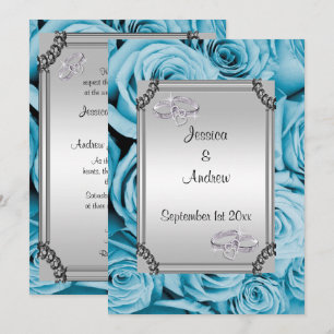 Blue Roses & Diamond Wedding Rings Invitation