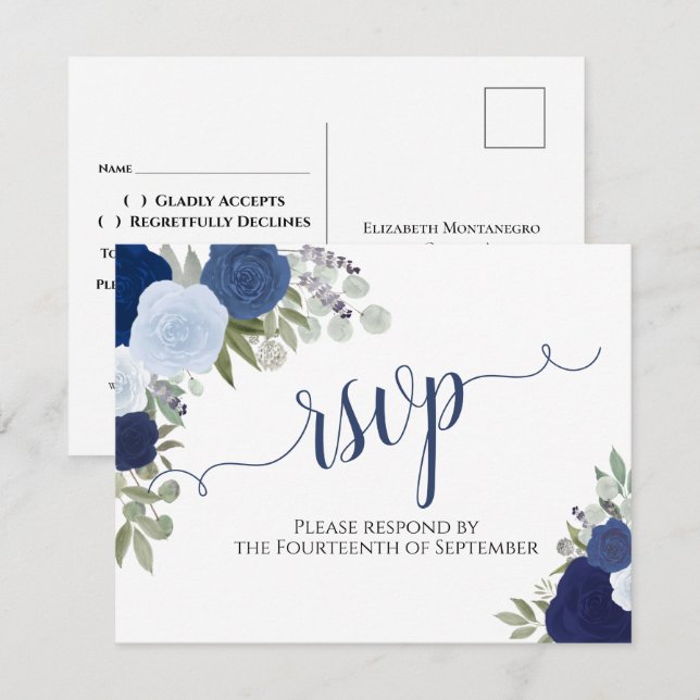 Blue Roses Downloadable Wedding RSVP Postcard (Front/Back)