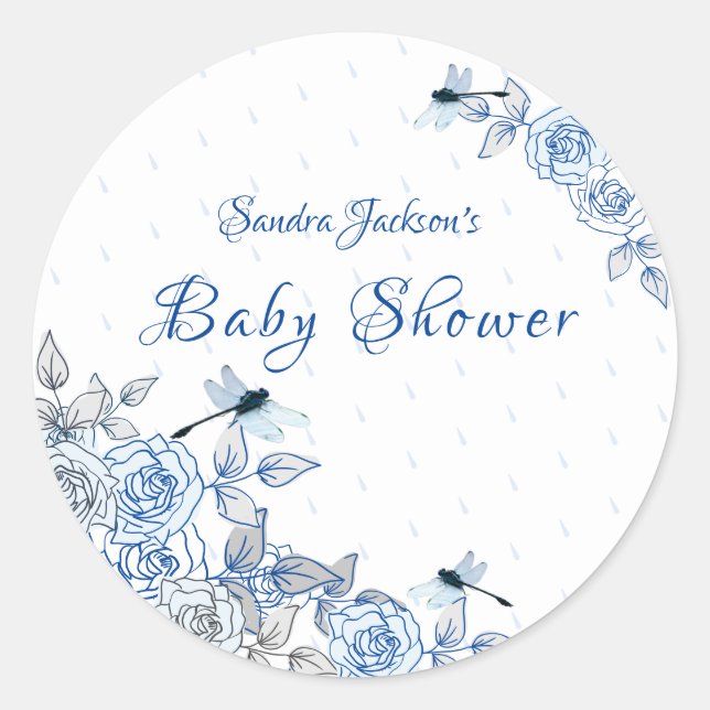 Blue Roses Dragonfly Boy Baby Shower Classic Round Sticker (Front)