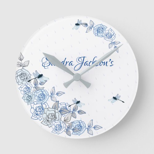Blue Roses Dragonfly Boy Baby Shower Gift Round Clock