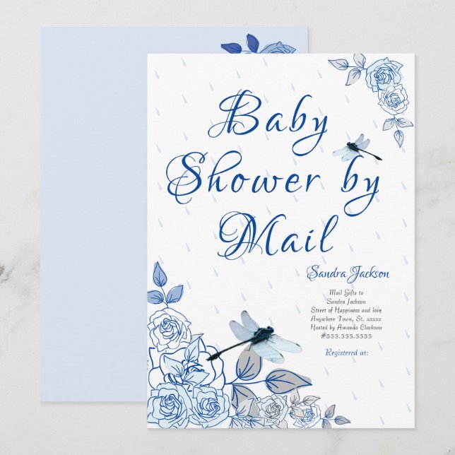Blue Roses Dragonfly Boy Baby Shower Invitation (Front/Back)