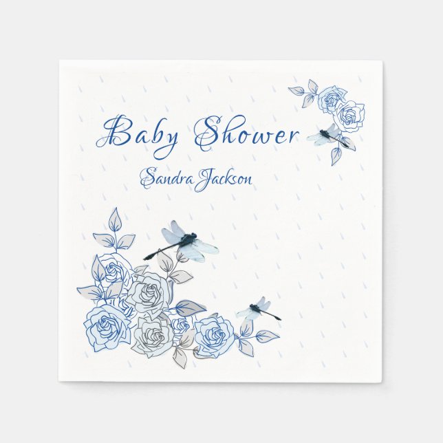 Blue Roses Dragonfly Boy Baby Shower Napkins (Front)