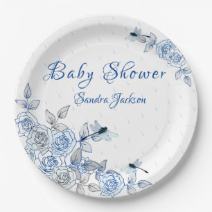 Blue Roses Dragonfly Boy Baby Shower Paper Plates