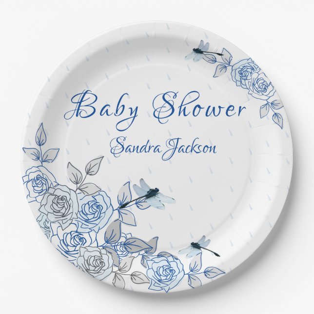 Blue Roses Dragonfly Boy Baby Shower Paper Plates (Front)