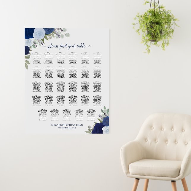 Blue Roses Elegant 29 Table Wedding Seating Chart Foam Board (In Situ (Wall))