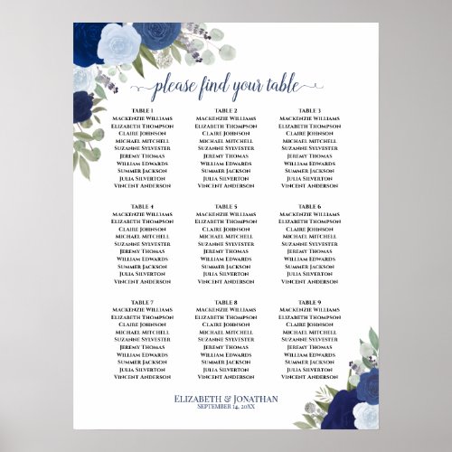 Blue Roses Elegant 9 Table Wedding Seating Chart