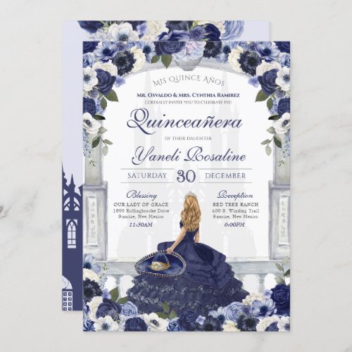 Blue Roses Elegant Charro Princess Quinceanera Invitation