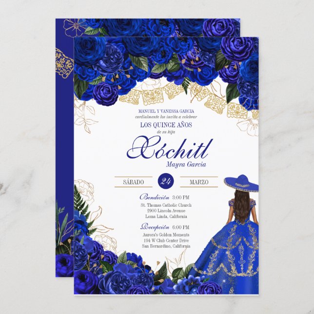 Blue Roses Elegant Charro Quinceanera Invitation (Front/Back)